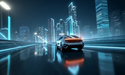 Sleek futuristic sports car with glowing red taillights speeding through a neon lit cityscape at night with motion blur effect on the road and buildings - Powered by Adobe