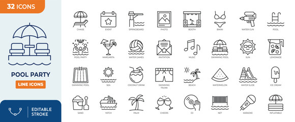 Pool Party line editable icon set. Editable stroke. Vector illustration
