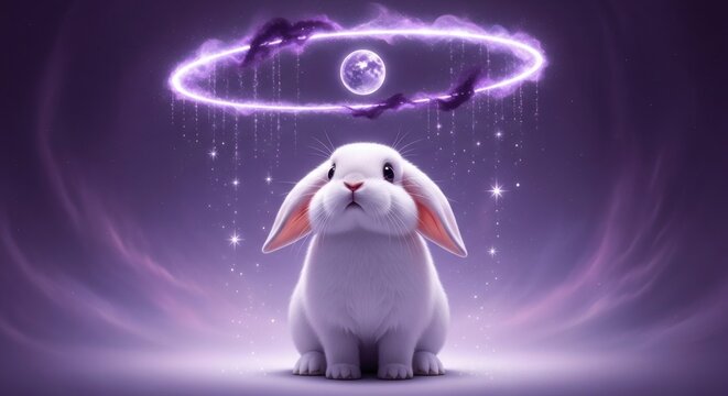 A cute white lop-eared bunny sitting under a glowing purple magical halo with ethereal light and falling particles. - Powered by Adobe