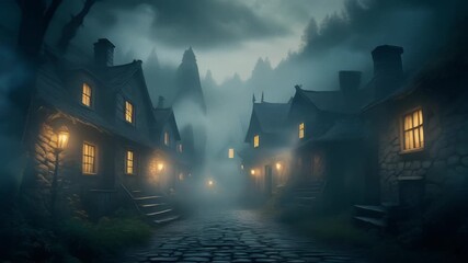 Mysterious quiet street in an old village at night