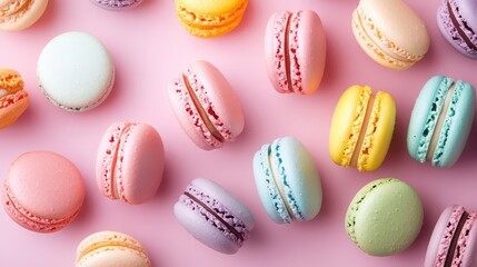 Colorful macarons in pastel shades arranged on a pink surface, top view