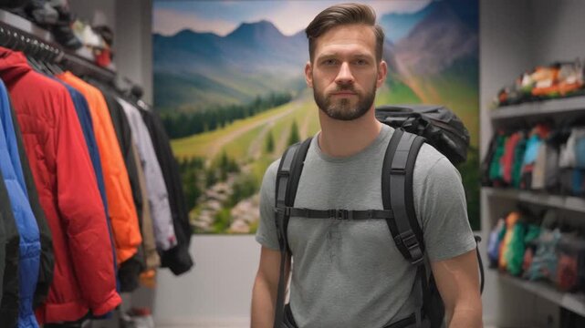 Outdoor gear fitting in a mountain themed store for hiking