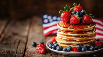 Stack of pancakes with berries and maple syrup with american flag backdrop