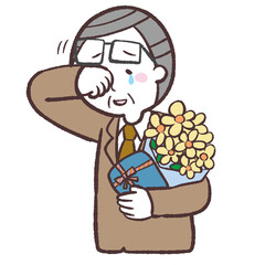 花束を持って泣くシニア男性のイラスト