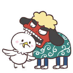 獅子舞に噛まれる白い鳥のイラスト