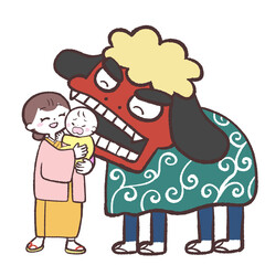 獅子舞に噛まれる子供にイラスト