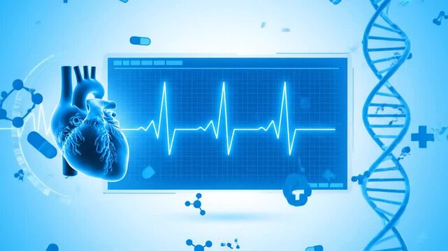 Blue medical illustration with heart, DNA, ECG, and molecules on a light background