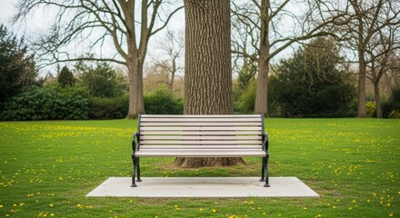 Fototapeta premium Solitary Park Bench in Serene Green Setting. Wooden Bench Under Large Tree in Late Winter Park. Inviting Bench on Concrete Slab with Yellow Flowers.