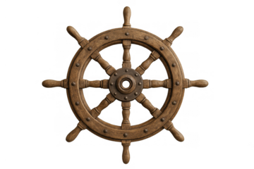 Wooden ship's wheel with brass hub, steering the course, representing leadership, control, and adventure on transparent background