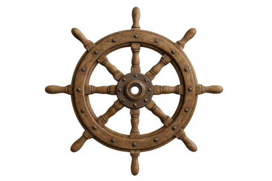 Wooden ship's wheel with brass hub, steering the course, representing leadership, control, and adventure on transparent background
