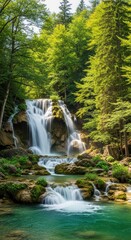Fototapeta premium Multi-Tiered Forest Waterfall with Dappled Sunlight. Gentle Cascades Over Weathered Rocks in Green Setting. Sunlight Filtering Through Canopy on Turquoise Water.