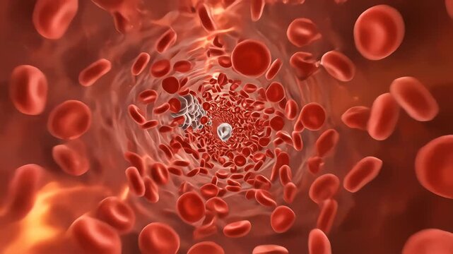 Red and white blood cells flowing through a vein in detailed cinematic medical animation