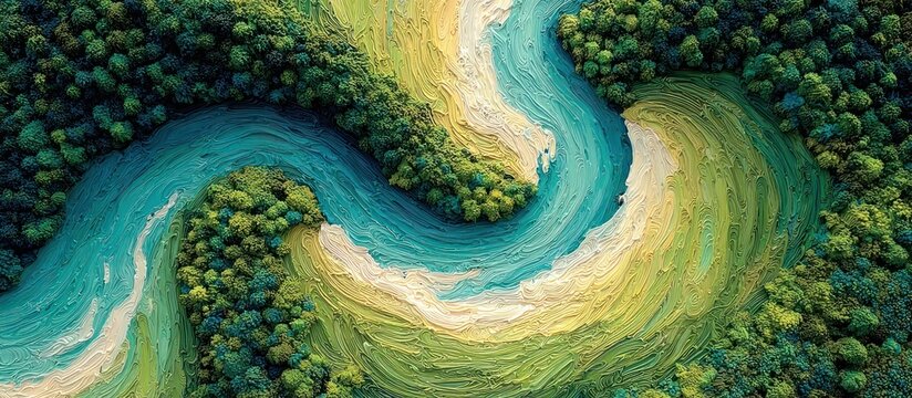 Abstract landscape painting of a winding river flowing through a dense forest.  Atop a textured surface,  vibrant colors depict a meandering waterway surrounded by lush greenery