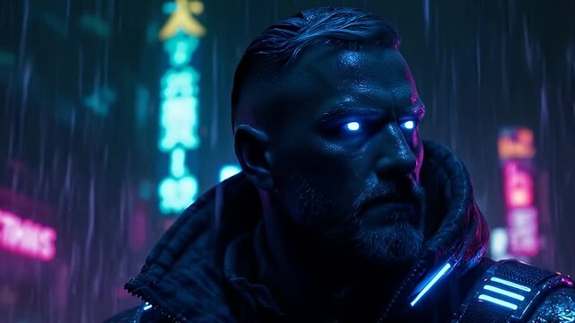 Cyberpunk man with glowing eyes in a futuristic urban setting with rainy neon lights