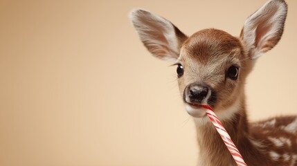 Close portrait of a young deer gently biting a red candy cane on a beige studio background. The image conveys Christmas tenderness, innocence, and seasonal wildlife charm