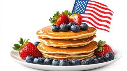 Pancakes with berries and american flag isolated on white background