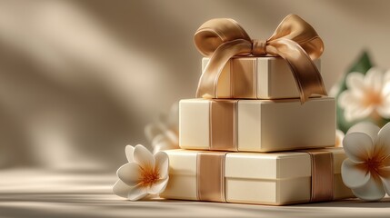 A stack of luxury gold gift boxes tied with satin ribbons and small white flowers under soft light. The image emphasizes elegance, celebration, and premium retail presentation