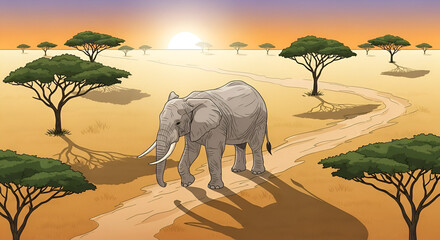 Elephant Walking Across African Savanna at Sunset Illustration