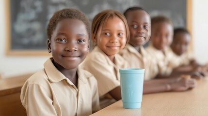 Group of African schoolchildren sitting together in class, smiling with optimism and friendship. The photo reflects education, equality, inclusion, and positive youth development