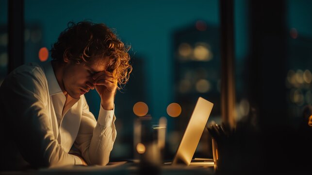 A tired young man works late at night under warm light in a modern office, holding his head in fatigue. Burnout, stress, and overwork among corporate professionals in urban settings
