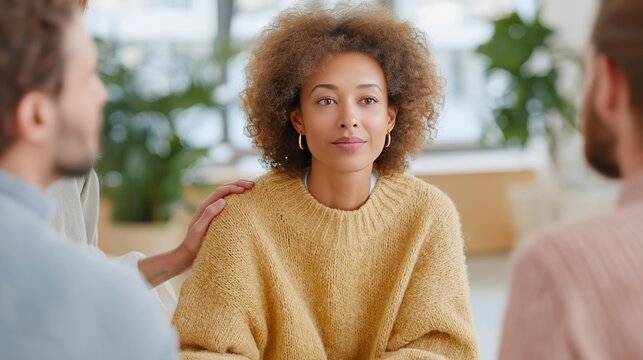 An Afro-American woman in a mustard sweater listens calmly during a supportive therapy group conversation. The composition highlights empathy, diversity, communication and emotional health in a modern