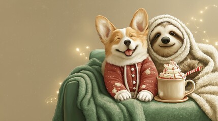 Obraz premium A smiling corgi and relaxed sloth sit wrapped in blankets with a cup of whipped cocoa beside them. The warm composition represents friendship, comfort, and cozy holiday atmosphere