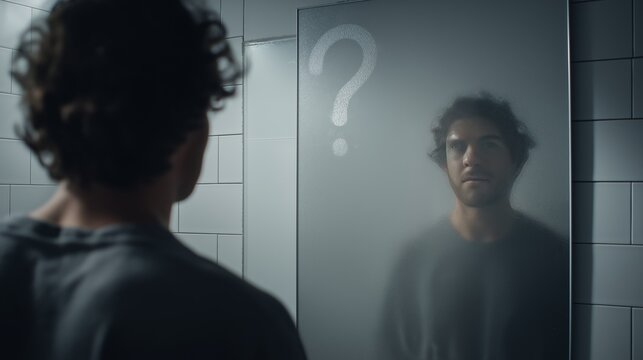 A man with curly hair looks at a fogged bathroom mirror where a question mark is drawn. The scene expresses doubt, self-reflection, and identity crisis through visual metaphor