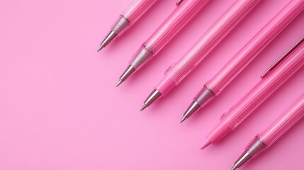 Overhead shot of pink pens arranged diagonally on a pink background