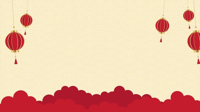 Minimal Chinese New Year animation background with red lanterns, gold cloud elements, soft wave patterns, and wide copy space. Suitable for festive greetings, promos, and Asian themed designs.