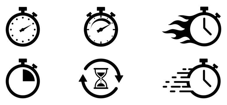 Stopwatch and timer set showing speed, countdown, hourglass, motion, and time concepts. Symbols for clock, fast action, delay and schedule themes. Includes simple time, speed, clock, fast, countdown.