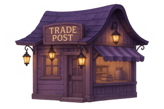 Fantasy trade post with a purple exterior, lit lanterns, and a display window, ready for game design. Transparent background - Powered by Adobe