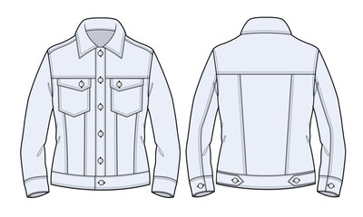 Female blue denim jacket front and back view technical flat sketch vector mockup illustration.