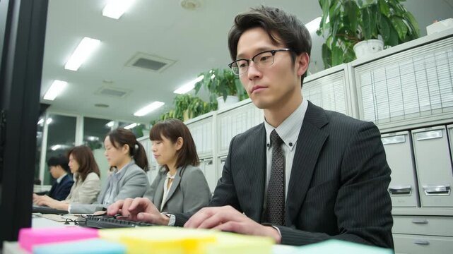 締切前の落ち着いた集中で日本人の社員が横並びのデスクで業務を進行