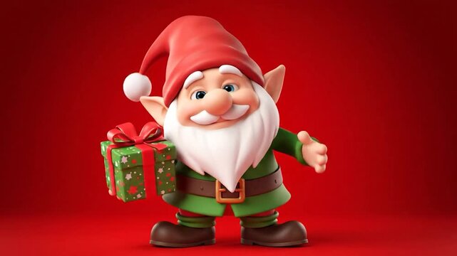 Smiling 3D gnome holding a green gift on a solid red background