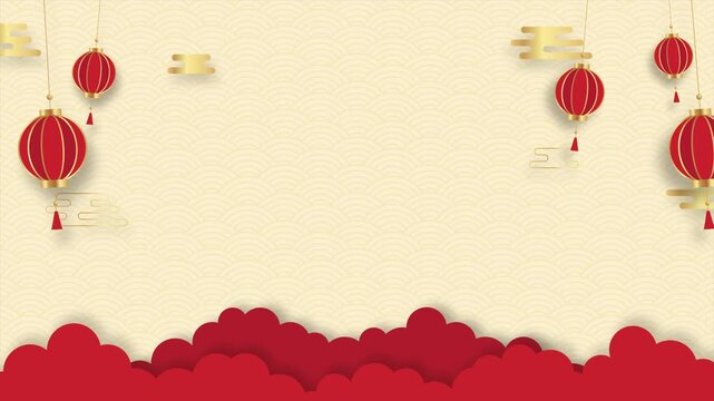 Minimal Chinese New Year animation background with red lanterns, gold cloud elements, soft wave patterns, and wide copy space. Suitable for festive greetings, promos, and Asian themed designs.