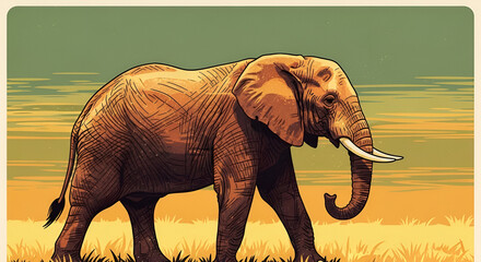 Elephant Walking in Savanna Illustration with Vintage Style