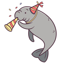 Cute Relaxed Manatee in a New Year celebration world – Midnight Sparkle palette vector