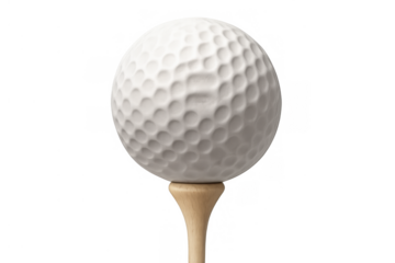 Golf ball with dimple pattern resting on wooden tee, ready for hit, isolated with transparent background