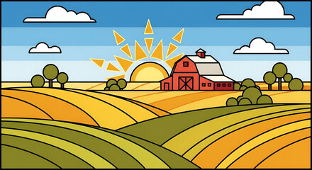 Farm Landscape with Barn at Sunrise Graphic Illustration