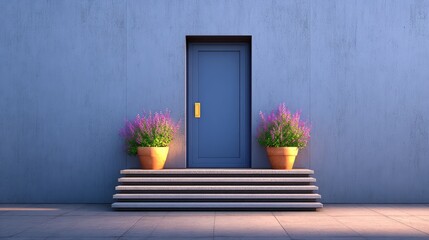 Fototapeta premium Bright and Welcoming Blue Door with Flower Pots on Stairs in Modern Architecture Setting