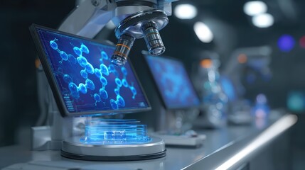 High-Tech Laboratory Setup Featuring Advanced Microscopy and Digital Displays for Scientific Research and Analysis of Molecular Structures with Blue Graphics