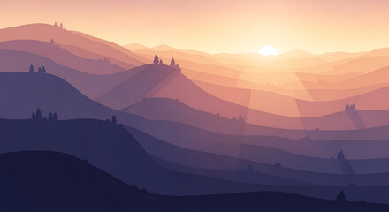 Mountain Range at Sunset with Sun Rays Shining Through