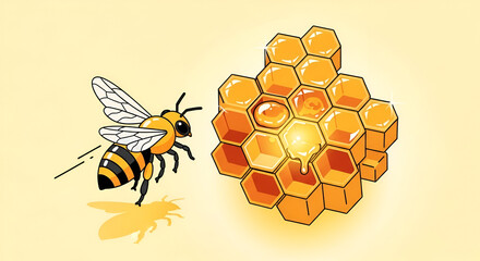 Bee Flying Towards Honeycomb Illustration with Dripping Honey