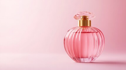 Elegant pink perfume bottle with a flowershaped stopper on a pink background
