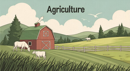Cows Grazing Near Barn in Farm Landscape Illustration