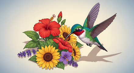 Hummingbird Feeding on Colorful Flowers Illustration