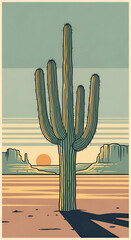 Cactus Silhouette in Desert Landscape at Sunset