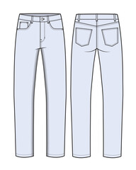 Boyfriend jeans front and back view vector design mockup template technical flat drawing.