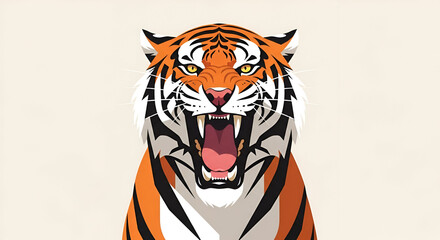 Roaring Tiger Illustration Aggressive Feline with Open Mouth