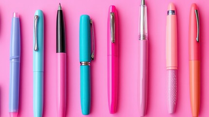 Collection of colorful pens arranged on a vibrant pink background